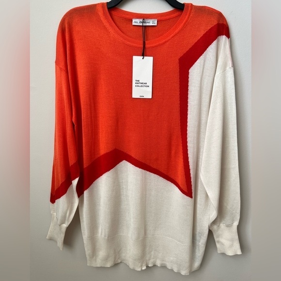 Zara Knit Colorblock Viscose Blend Tunic Sweater Lightweight Orange Ivory Fall S - Picture 2 of 12